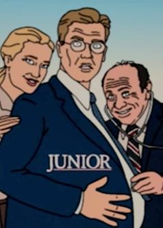 Version of the Junior (1994) poster from Bojack Horseman. A gently smiling Emma Thompson is standing behind (in a supportive way) a heavily pregnant Arnold Schwarzenegger, who is wearing a suit with a jacket, tie and shirt. Schwarzenegger has a shocked expression and is wearing round glasses. Danny DeVito is grinning maniacally while holding a stephoscope to Schwarzenegger's heavily pregnant belly. DeVito is also wearing a suit.