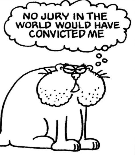Old old gerbil face Garfield from the Jon comics, looking a bit miffed, thinking: "No jury in the world would have convicted me"