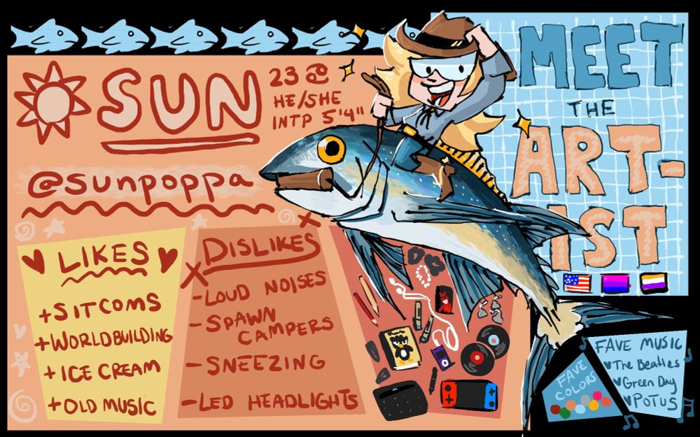 A drawing of a blonde cowboy with glasses riding a giant tuna fish. There is typical meet the artist information surrounding the illustration.
