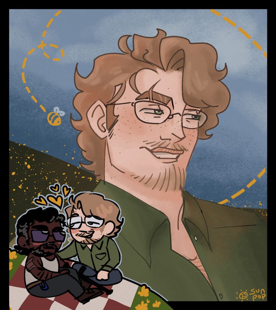 A headshot of a white man with a mustache and beard, floppy blonde hair, glasses, and a green shirt. He's smiling and glancing away from the camera. The background is a green field, and there's a bee buzzing around his head. In the corner there is a chibi of the same character along with his partner, a dark skinned man with greying hair and glasses. He is wearing a tank top and sweatpants, and has a cane resting next to him. They are making googoo eyes at each other.