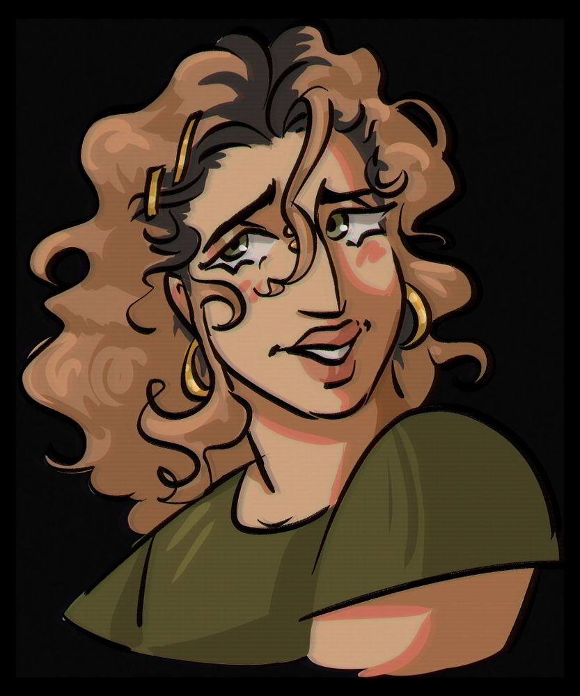 Digital illustration of a man with curly light brown hair, green eyes, gold hoop earrings, and a green shirt. He's looking over his shoulder and smiling. 