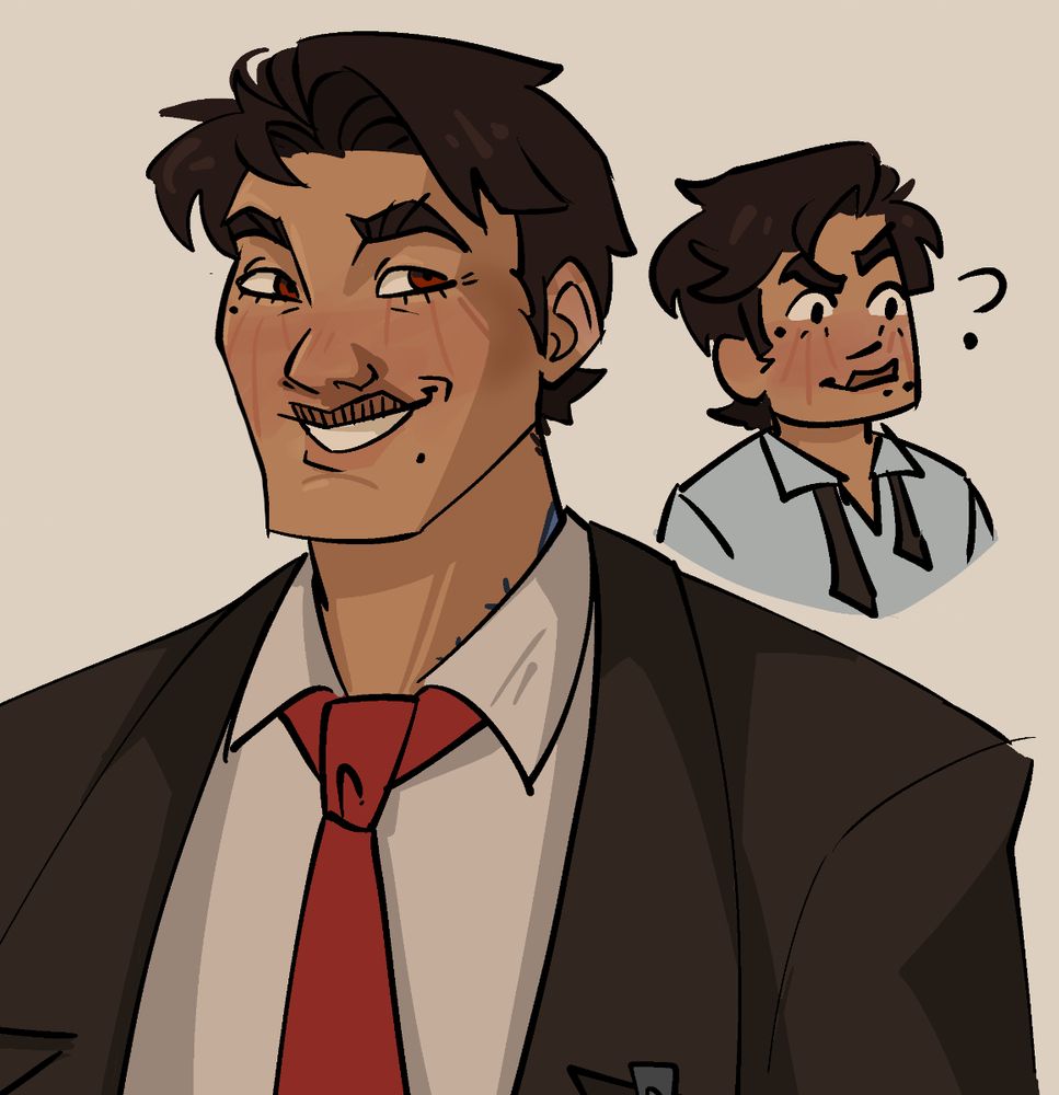 A plainer reference of the same character. Jago is a South East Asian man with a square jaw and somewhat short hair. He has thick eyebrows, big brown eyes, and a constant smile. He's wearing a brown suit with a red tie. A glimpse of a blue tattoo peeks just over his collar. There's also a chibi doodle of the same character in just a button up. He has one eyebrow raised in a silly, inquisitive look. 