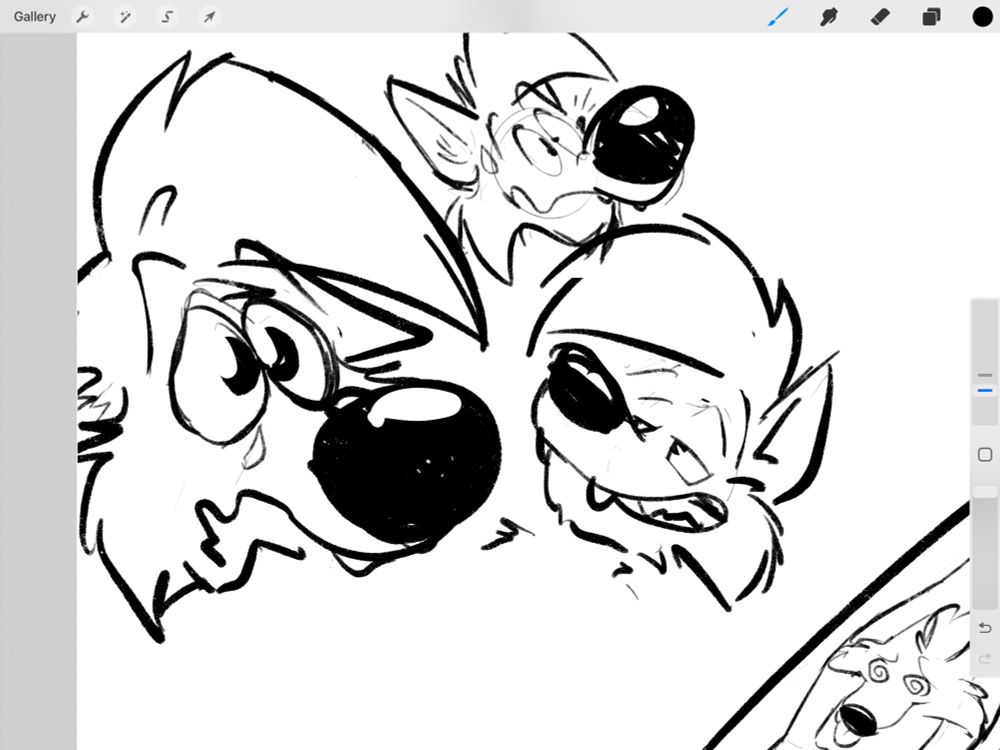 Several doodles of cartoon wolf faces. Left to right: sad puppy dog eyes, worried, smug, flat and dizzy 