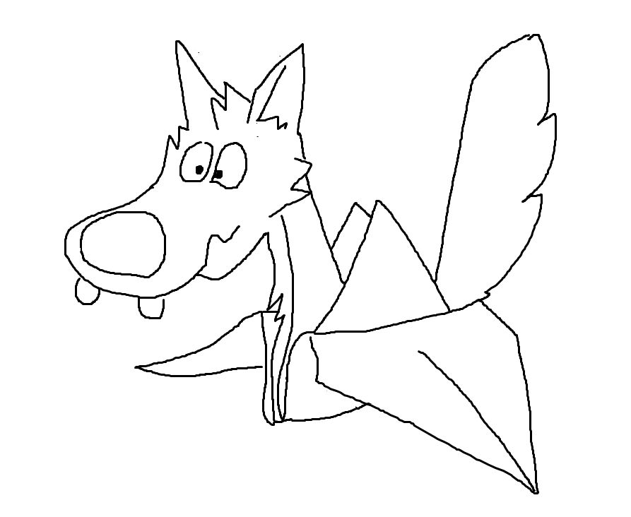 Line drawing of an origami paper plane with a cartoon wolf's head and tail