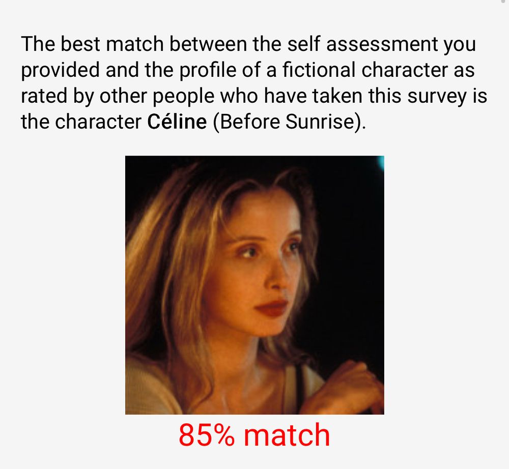 The best match between the self assessment you provided and the profile of a fictional character as rated by other people who have taken this survey is the character Céline (Before Sunrise).
85% match