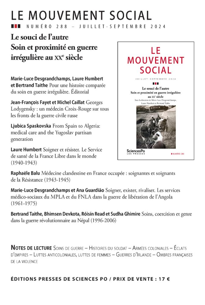 Le Mouvement social 288 - Le souci de l'autre. Soin et proximité en guerre irrégulière au XXe siècle (dir. M.-L. Desgrandchamps, L. Humbert et B. Thaite) - sommaire
