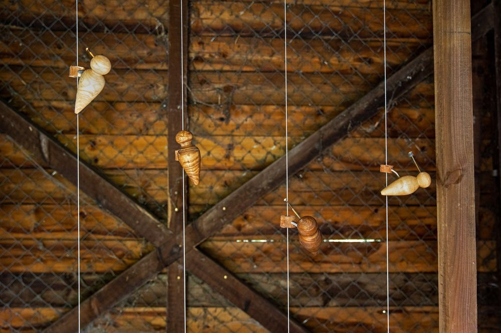four wooden woodpeckers at different heights on vertical steel wires inside a wooden building