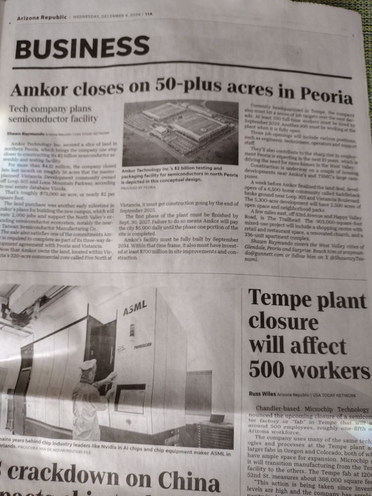 Newspaper page, Arizona Republic, business section headlines: Amkor 
closes on 50 plus acres in Peoria, Tempe plant closure will affect 500 workers