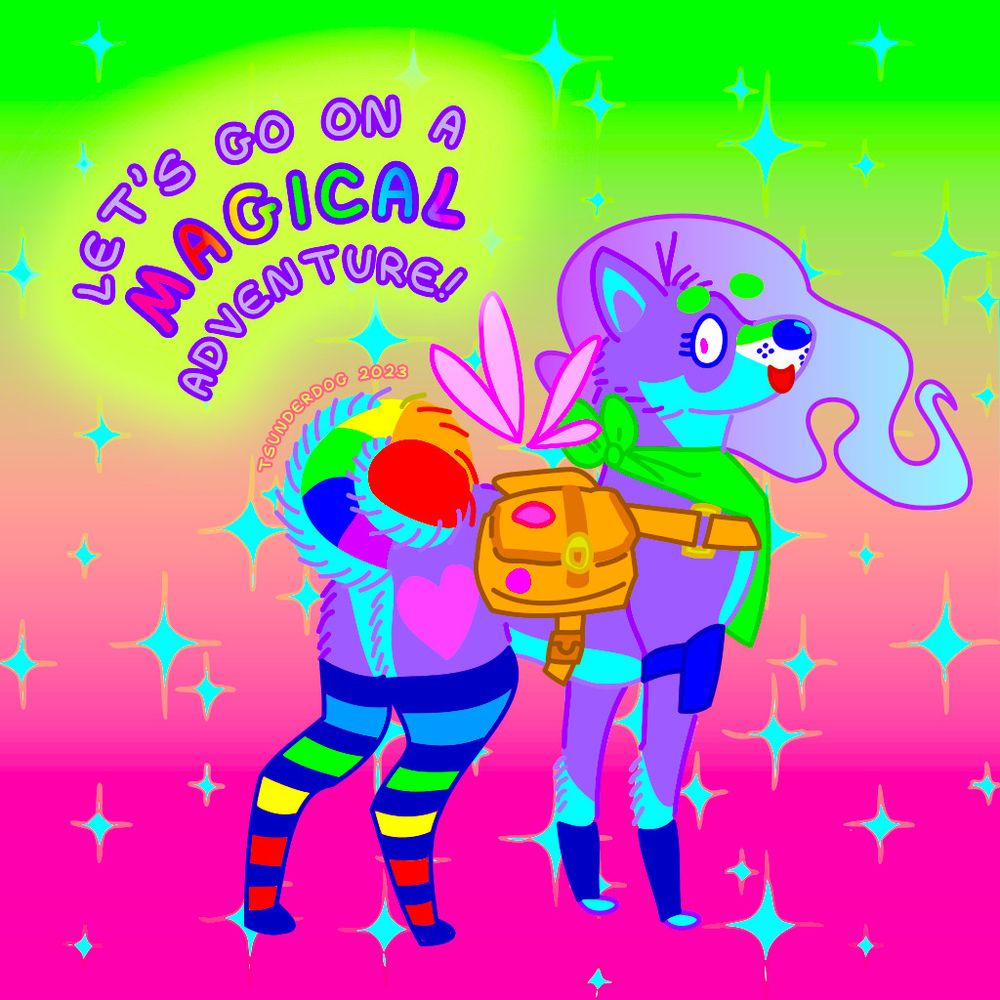 a purple and blue sparkledog with rainbow socks invites you to go on a magical adventure with them.