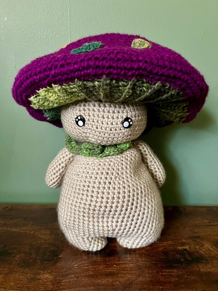 Crocheted mushroom guy a foot tall chrocheted doll 