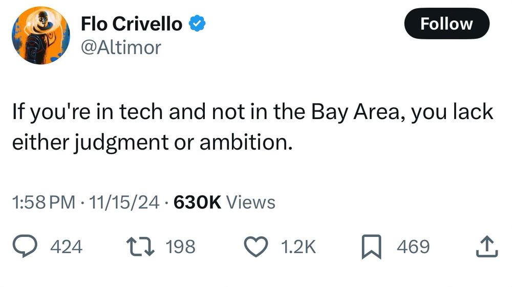 Screenshot of a tweet saying: “If you’re in tech and not in the Bay Area, you lack either judgment or ambition.”