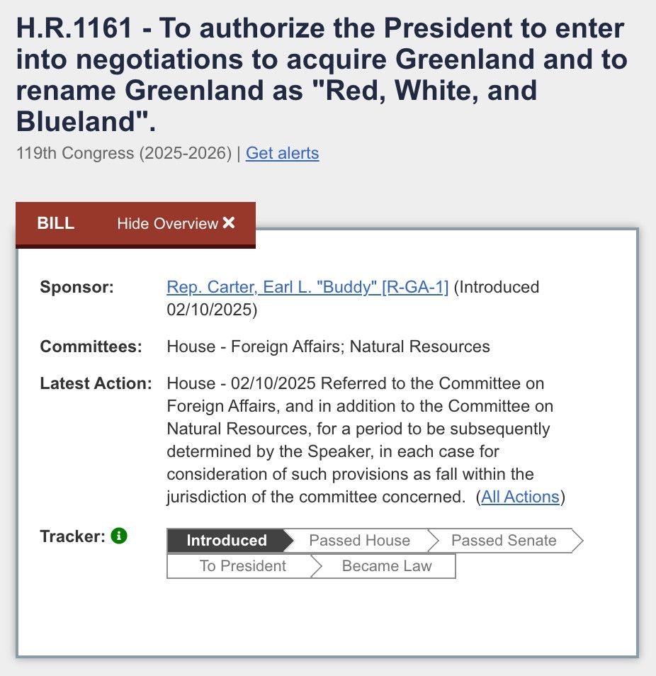 .R.1161 - To authorize the President to enter into negotiations to acquire Greenland and to rename Greenland as "Red, White, and Blueland".
119th Congress (2025-2026) 

Sponsor:	Rep. Carter, Earl L. "Buddy" [R-GA-1] (Introduced 02/10/2025)
Committees:	House - Foreign Affairs; Natural Resources
Latest Action:	House - 02/10/2025 Referred to the Committee on Foreign Affairs, and in addition to the Committee on Natural Resources, for a period to be subsequently determined by the Speaker, in each case for consideration of such provisions as fall within the jurisdiction of the committee concerned.  (All Actions)