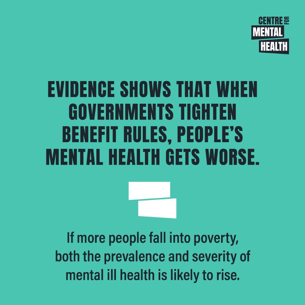 Text graphic: Evidence shows that when governments tighten benefit rules, people’s mental health gets worse. If more people fall into poverty, both the prevalence and severity of mental ill health is likely to rise. 