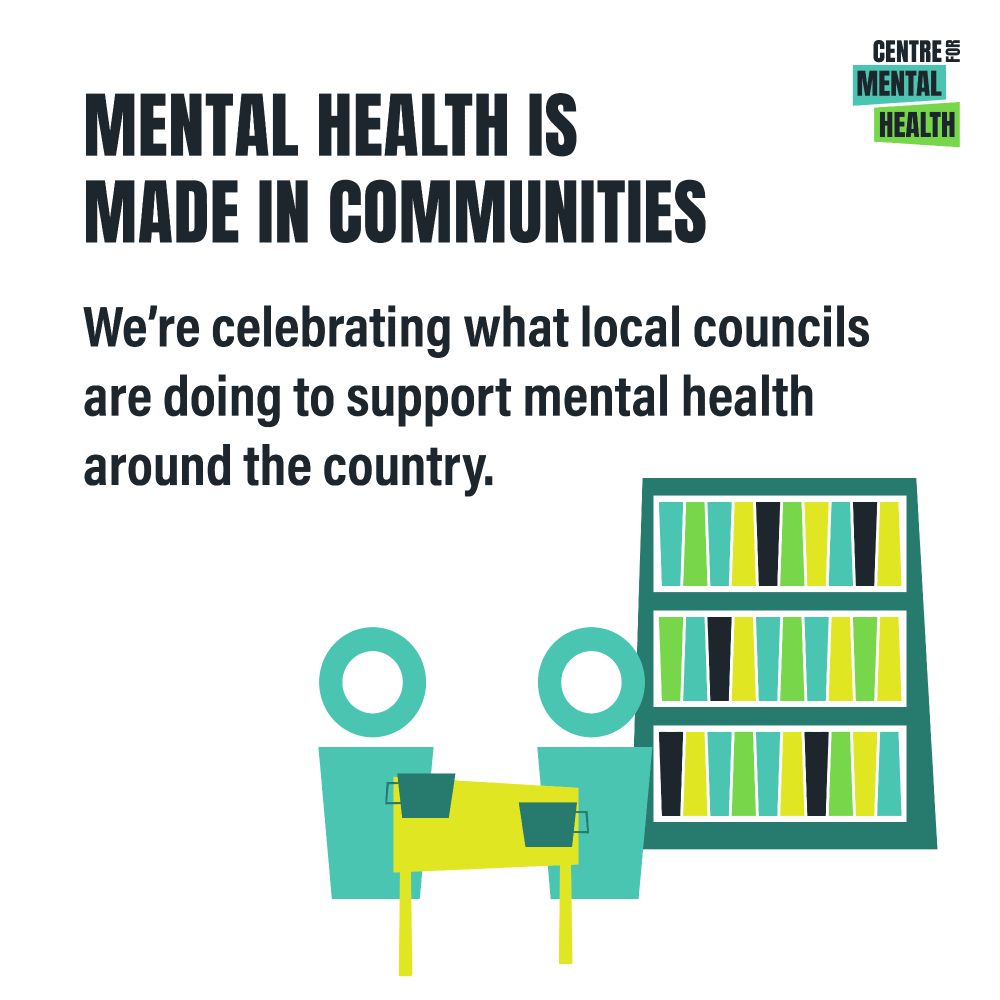 Illustration of two people chatting in a library. Text: Mental health is made in communities. We’re celebrating what local councils are doing to support mental health around the country.