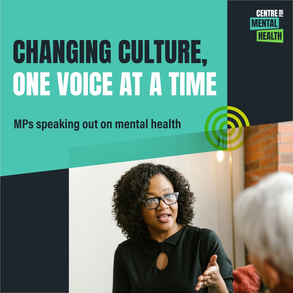 Black woman with shoulder-length hair is speaking to a person. Text: Changing culture, one voice at a time: MPs speaking out on mental health
