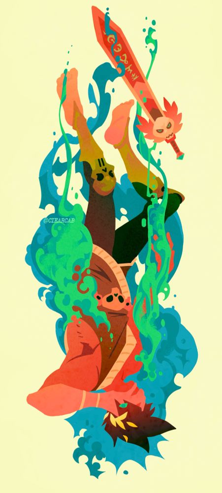 a lineless drawing of zagreus. he is upside-down, tumbling through swirling green and blue waves and water as if sinking through the styx. his sword floats by his feet, and he covers his green eye with his palm. 