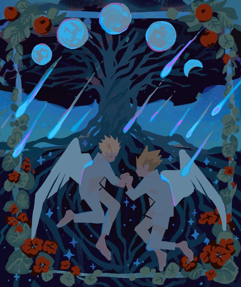 An illustration of Vash and Knives from trigun as children. They are cradled in the roots of a large twisting tree reaching into the background, stars sparkling around them. Each twin is depicted with a singular white feathered wing, and the whole piece is framed by a leafy border of red Geraniums and Apples. At the top of the piece, by the leaves of the tree, are five moons, four are full, while the last is drawn only as a crescent. Below the moons are many falling comets, each glowingly brightly and reaching down towards the earth and twins.