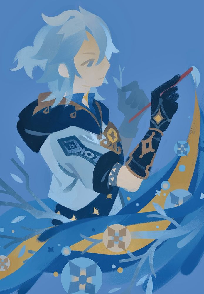 Albedo from Genshin Impact, coloured in cool hues with yellow accents on his outfits detailing.  he wields a paintbrush, trailing a weaving pattern of blue and gold with white branches and geometrically patterned circles reminiscent of snowflakes.