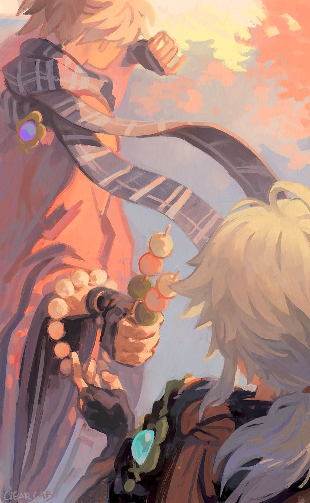 kaedahara kazuha reaches out for a stick of dango offered by his scarfed friend, their hands not yet touching. His friend is standing with his arm raised to block the sun from his eyes, his face turned away from the viewer and kazuha alike. On his shoulder rests his electro vision, which mirrors the green anemo vision visible on Kazuhas shoulder. The colours in the scene are very orange, purple and pink toned, giving a light and hazy dream-like feel to the piece, and in the distance the red maples and towering buildings of ritou are visible. 