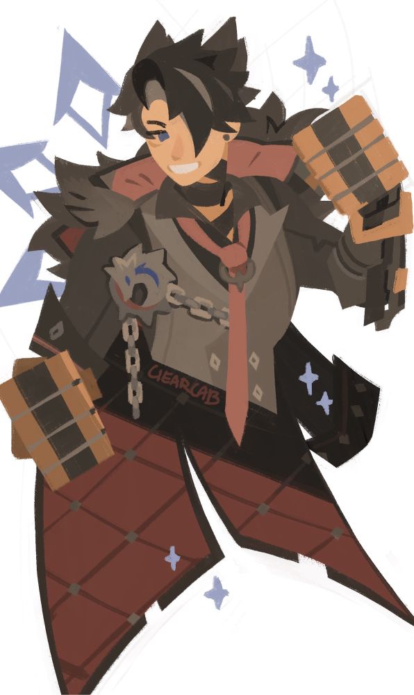 Wriothesley from genshin impact, drawn in a lineless style and wearing his metal gauntlets. He flashes a smile as he raises his arms in a fighting stance. His figure ends at his torso, though the long tails of his coat continue downwards. 