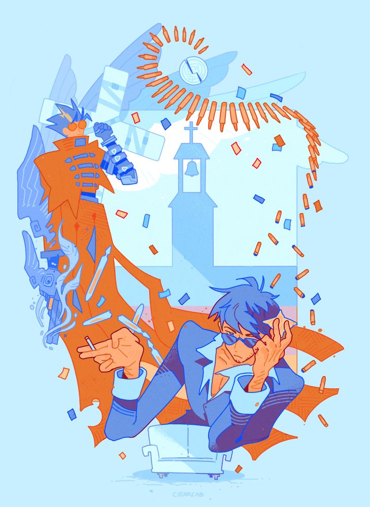a stylized piece featuring Wolfwood and Vash drawn in shades of blue with accents of red and orange. Wolfwood is drawn from the chest upwards, leaning on his elbow with a small wooden bird in hand and cigarette in the other. over his right shoulder there is the long and fluttering form of vash with his coat, feathers spilling from his arm as he holds his pistol. he carries wolfwoods punisher behind his back. behind them both the silhouette of the hopeland steeple rises into the sky. Surrounding the characters at various points in the image are the shapes of confettti, bullets, vials, a white couch, and a cracked coin. 