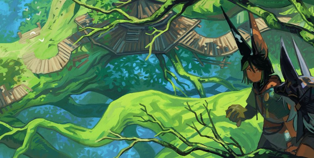 tighnari and cyno, in the treetops of ghandharva ville, the huge trunk and branches spreading out below them. sunlight shines brightly through the canopy, emphasizing the height between them and the distant forest floor.  