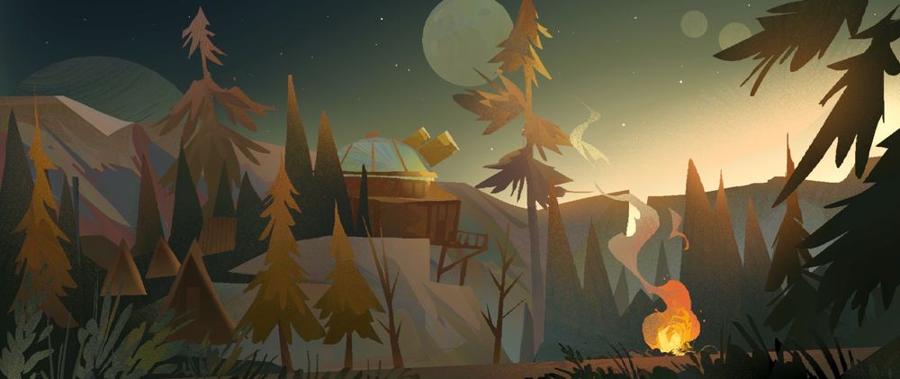 Timberhearth from OuterWilds. There are no characters in the scene, but a lit campfire raises smoke into the sky. The small village and its observatory are in frame along the forests and cliffs of the planet, and the shadows of the solar systems various planets are easily visible. The sky is very green, like an early dawn, the sun not yet raised. 