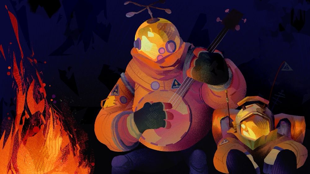 Two space-suited characters from the game Outerwilds, sitting next to a campfire. The Larger character is riebeck, who plays their banjo, with the bright gold of their helmet reflecting brightly from the flames. Seated beside them is the player character who seems  pensive. The background is very dark with not many details. 