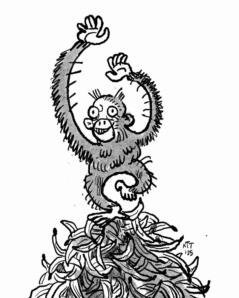 Bad ink drawing of a Monkey with very long arms dancing on a pile of bananas