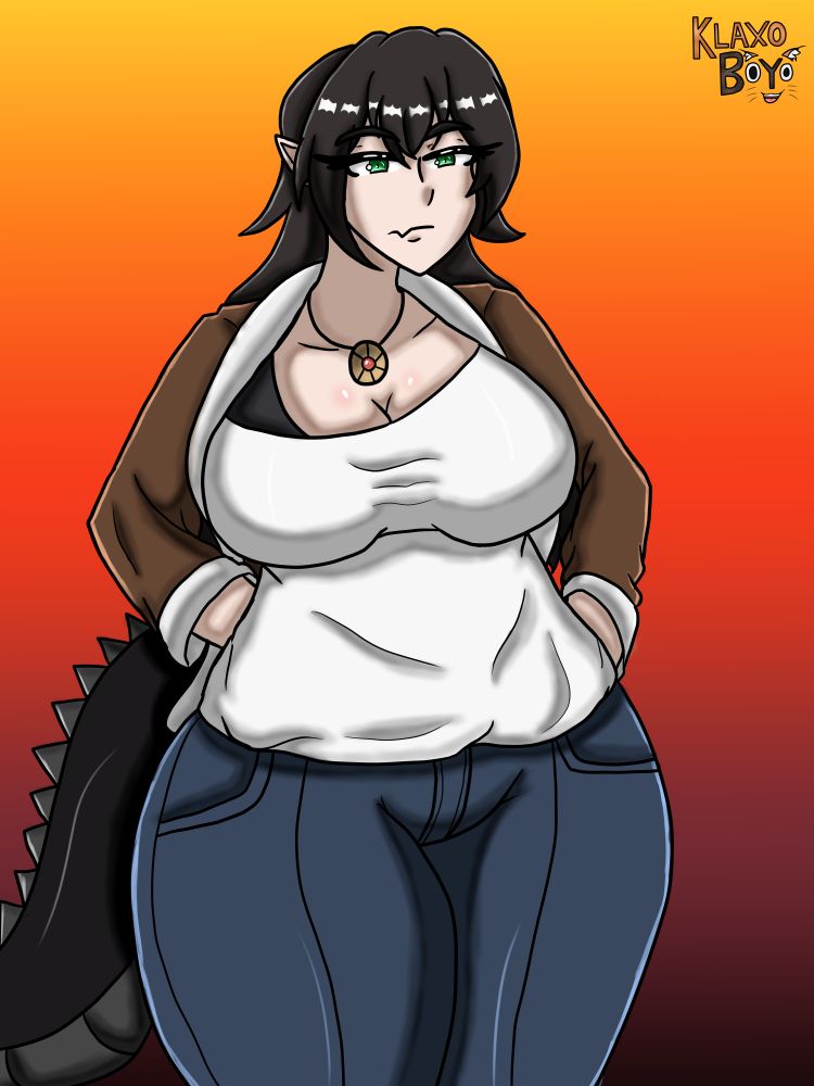 A drawing depicting Rey's female dragon OC dressed up as their male OC Gareth