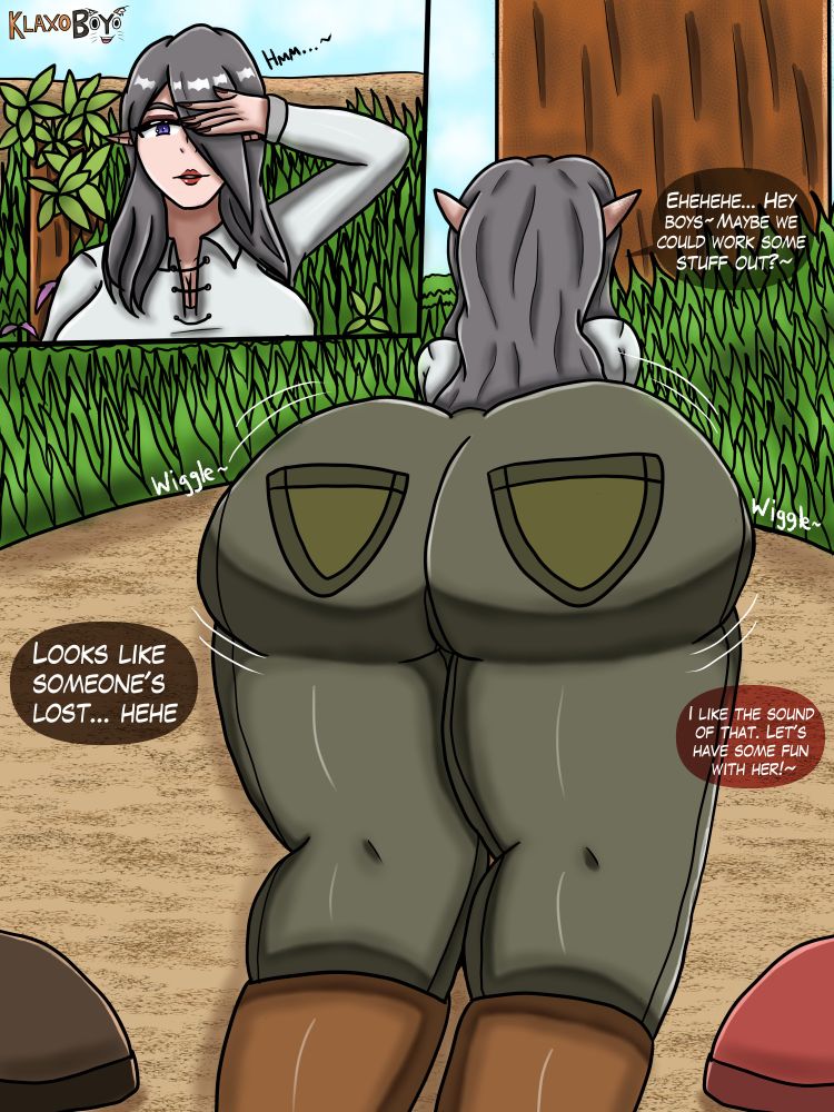 First page of a comic that is a commission to PercyWills of his OC Iriel wandering in the woods and teasing some bandits. The left one goes "Looks like someone's lost... hehe", followed with Iriel replying with "Ehehehe... Hey boys~ Maybe we could work some stuff out?~", and then the right bandit responds with "I like the sound of that. Let's have some fun of her!~". Iriel is seen wiggling her ass as a way to tease the bandits.