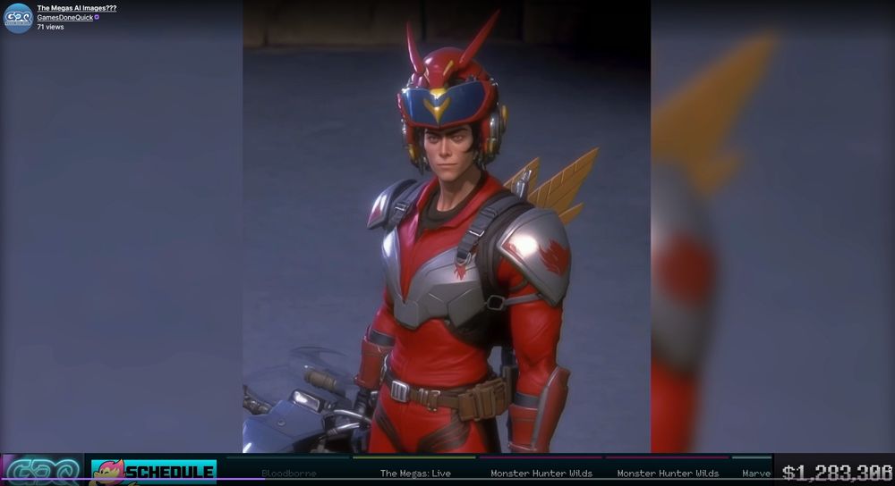 A screenshot of a Twitch VOD of the first song The Megas played during Summer Games Done Quick 2025. It appears to be an AI generated image of Quick Man.