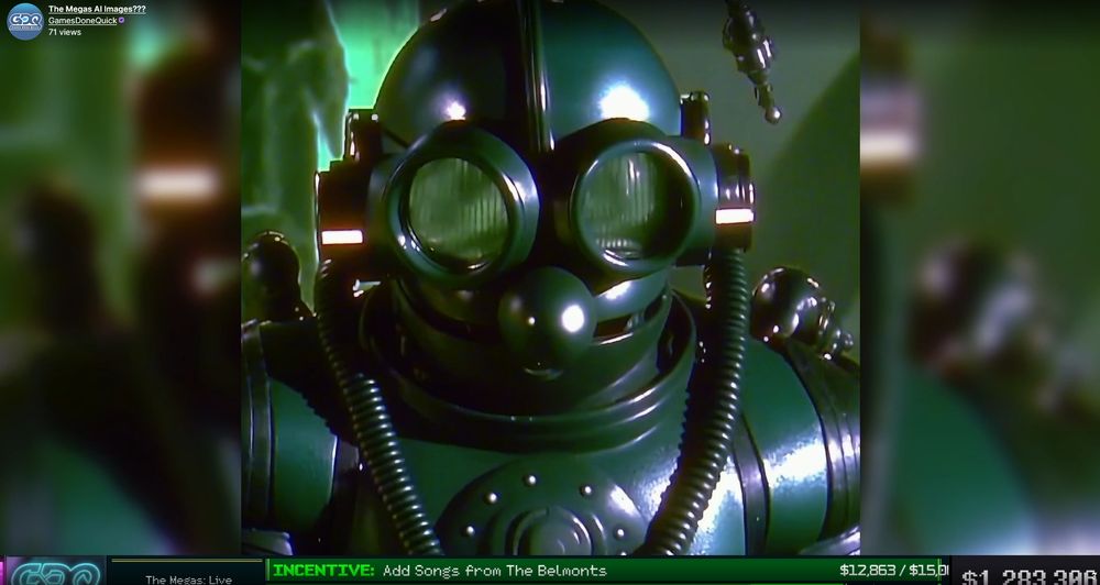 A screenshot of a Twitch VOD of the first song The Megas played during Summer Games Done Quick 2025. It appears to be an AI generated image of Bubble Man.