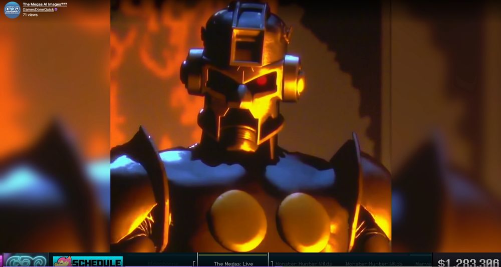 A screenshot of a Twitch VOD of the first song The Megas played during Summer Games Done Quick 2025. It appears to be an AI generated image of Heat Man.