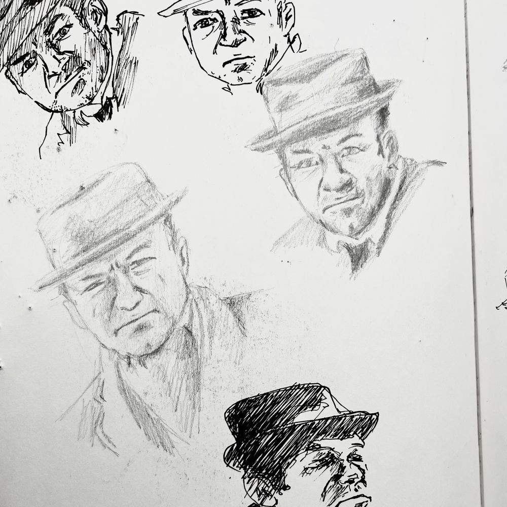 Pencil and ink sketches of Gene Hackman as Detective Jimmy “Popeye” Doyle from the film, The French Connection