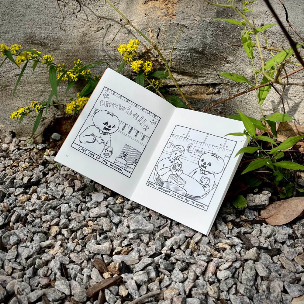Photo shows an interior spread of the mini comic, More Adventures with Pumpkinhead by motobus.