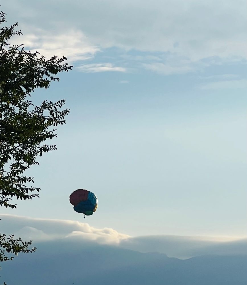 An unusually shaped hot air balloon drifts across a light blue morning sky, slightly above a cloud bank.