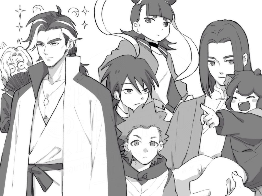 羅小黒戦記2のイラスト
左側から、西木子、池年、甲、乙、哪吒、無限、小黒