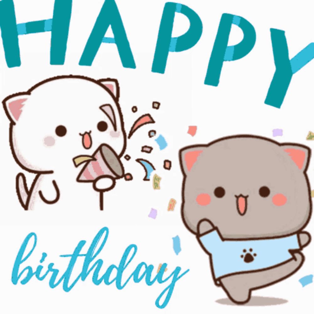 a happy birthday card with a cat holding a party hat