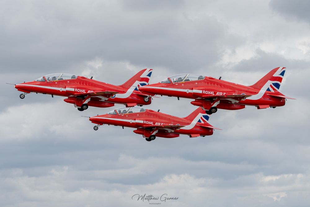 Photo of 3x aircraft belonging to the Red Arrows taking off from RAF Fairford
