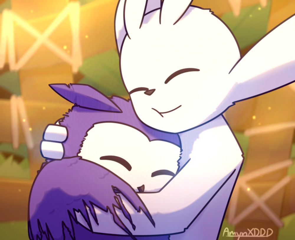 An illustration of 2 characters from a video game "Ori and the Will of the Wisps." Featuring its protagonists: Ori, an anthropomorphic rabbit-like character with white fur; and their younger sister, Ku, a purple owlet. Ori is hugging Ku, both smiling happily.