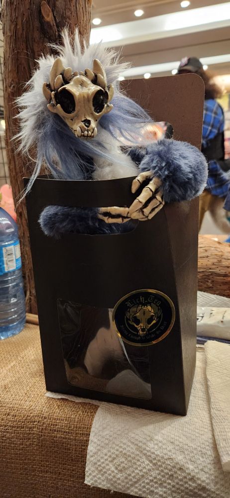 A skull faced dragon doll in a black box