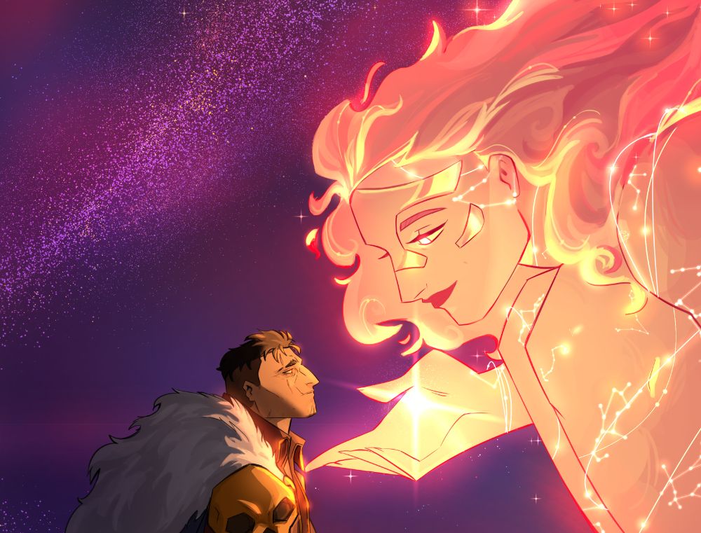 a large pink woman kneeling down close to the face of a small man. she is holding a star in her palm and offering it to him