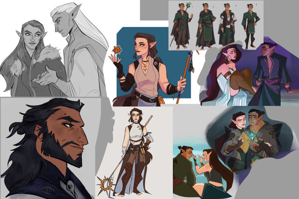 Page of sketches with Mythal and Elgarnan, felassan and Enariel, and Lucanis Dellamorte 