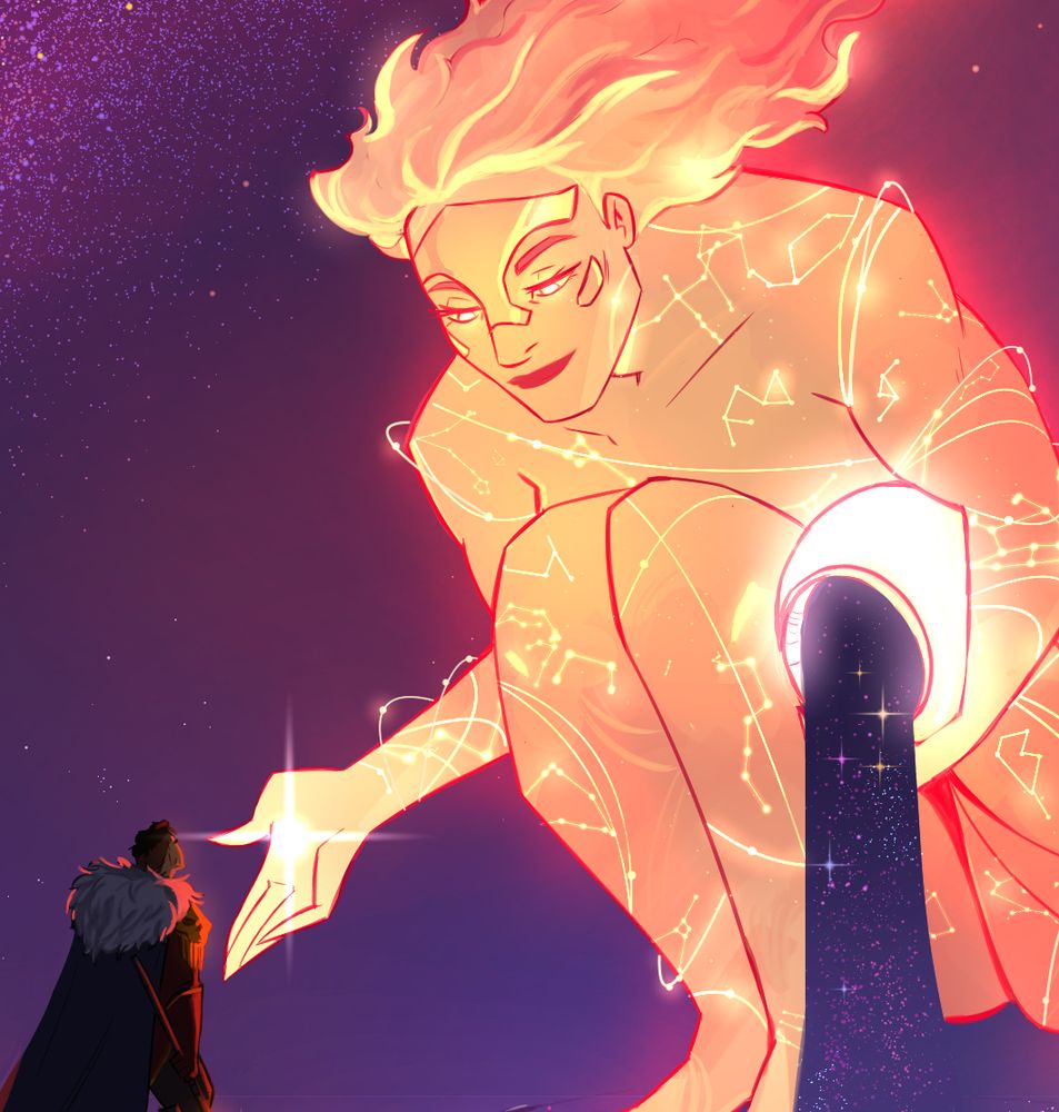 a large pink woman holding a vase and a star against a purple backdrop. there is a small man walking toward her