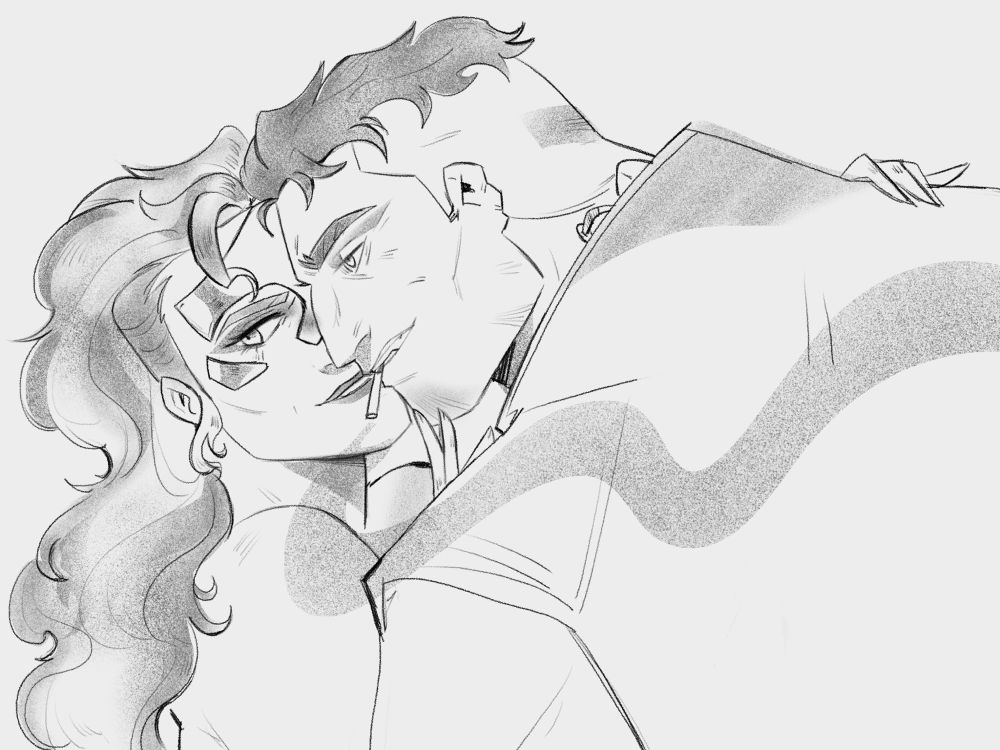 A black and white sketch of Calligos Winterscale and Castilla von Valancius in an embrace. They are both looking toward the left. Castilla has her hand on Calligos’ chin and they are both smiling