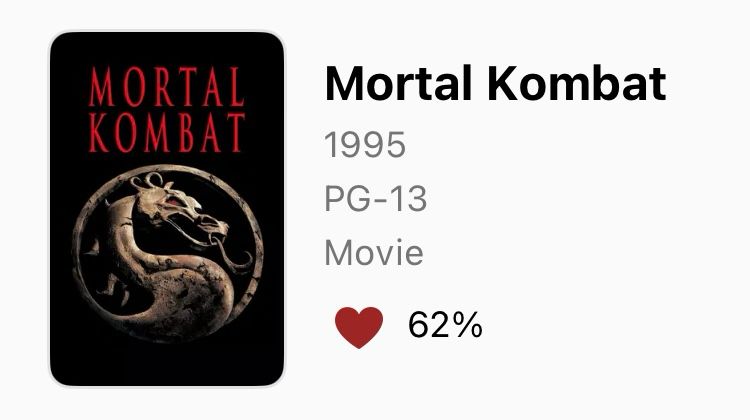 MORTAL
Mortal Kombat
1995
PG-13
Movie
62%