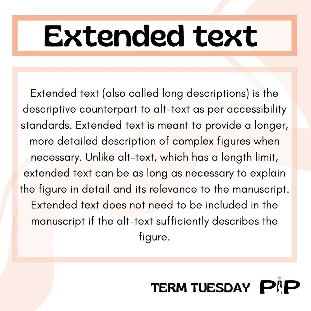 A text box defining the term "Extended Text" (also called long descriptions) as the descriptive counterpart to alt-text as per accessibility standards. Extended text is meant to provide a longer, more detailed description of complex figures when necessary. Unlike alt-text, which has a length limit, extended text can be as long as necessary to explain the figure in detail and its relevance to the manuscript. Extended text does not need to be included in the manuscript if the alt-text sufficiently describes the figure. 