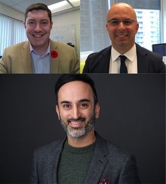 Winners of the Cancer Digital Intelligence Princess Margaret Cancer Centre's Grand Challenge/ (Clockwise from top left:) Dr. Scott Hopkins, Dr. Arash Zarrine-Afsar, and Dr. Rajesh Bhayana.