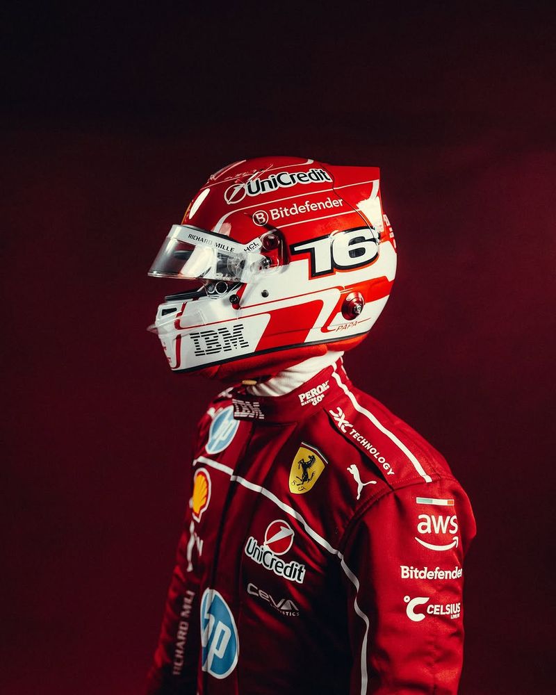 side profile of charles leclerc wearing his 2025 helmet 